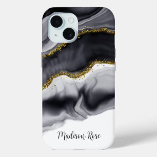 Coque Pour iPhone 15 Aquarelle Or Noir Personnaliser