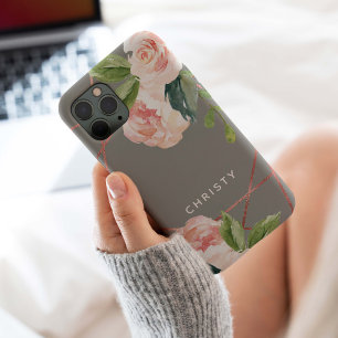 Coque iPhone 15 Pro Aquarelle or Rose Monogramme Floral gris chaud