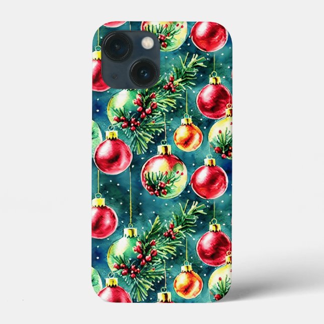 Coques Case-Mate iPhone Aquarelle ornements de Noël, rouge et vert Turquoi (Verso)
