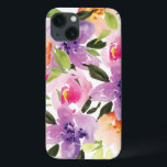 Coques Pour iPhone Aquarelle Préppy colorée moderne Fleurs Boho<br><div class="desc">Fleurs d'aquarelle préppy modernes. Pêche violette et fleurs roses sur l'arrière - plan blanc</div>
