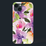 Coques Pour iPhone Aquarelle Préppy colorée moderne Fleurs Boho<br><div class="desc">Fleurs d'aquarelle préppy modernes. Pêche violette et fleurs roses sur l'arrière - plan blanc</div>