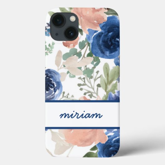 Coques Case-Mate iPhone Aquarelle rose et bleu marine Nom floral (Verso)