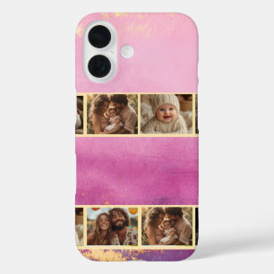 Coques iPhone 16 Aquarelle rose et photo or