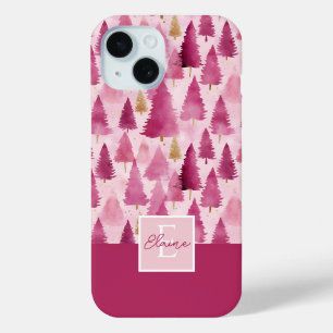Coque Pour iPhone 15 Aquarelle rose Motif Arbre de Noël