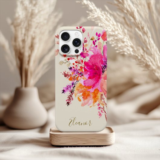Coques Case-Mate iPhone Aquarelle rose or Floral Nom personnalisé