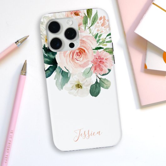 Coques Case-Mate iPhone Aquarelle rose pâle Floral avec votre nom