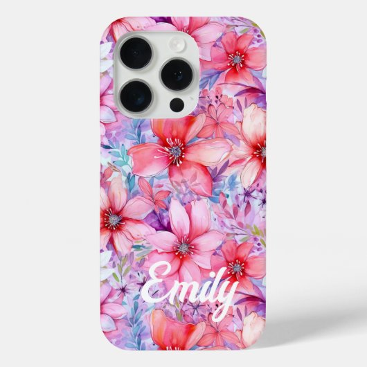 Coques Case-Mate iPhone Aquarelle rose violet Floral Nom personnalisé (Verso)