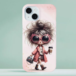 Coque Pour iPhone 15 Aquarelle rose Whimsical Quirky Girl Coffee Run