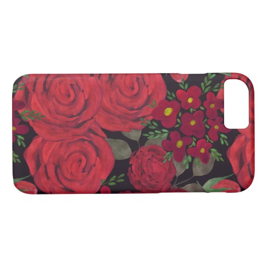 Coques Case-Mate iPhone Aquarelle rouge roses sur le noir, (Dos (Horizontal))