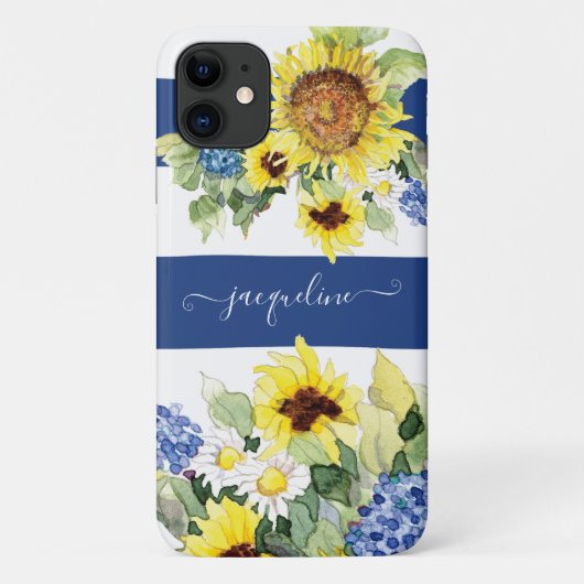 Coques Case-Mate iPhone Aquarelle Tournesol Floral bleu n blanc rayé (Dos)