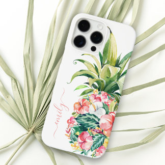 Coques iPhone 16 Pro Max Aquarelle tropicale Ananas floral avec nom