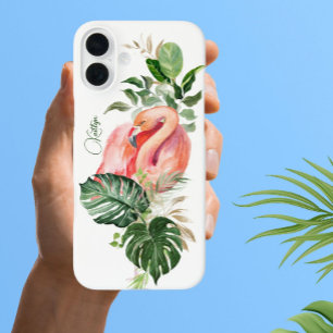 Coques iPhone 16 Plus Aquarelle tropicale et nom du Flamant rose rose ex