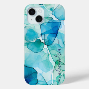 Coque Pour iPhone 15 Aquarelle Verre de mer Abstrait avec nom