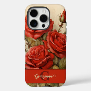 Coques iPhone 16 Pro Aquarelle Vintage personnalisée Roses Florales Rou