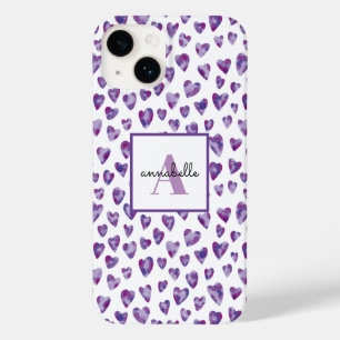 Coque Pour iPhone 14 Aquarelle violette Amour Coeur Monogramme