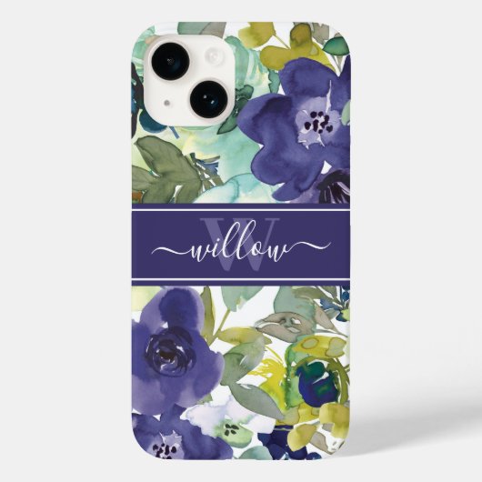 Coques Case-Mate iPhone Aquarelle violette Nom floral Monogramme (Verso)