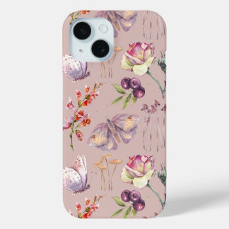 Coque Pour iPhone 15 Aquarelle Whimsical Floral Butterfly Mushroom