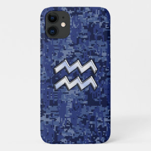 Coque iPhone 11 Aquarius Zodiac Connexion bleu marine camo numériq