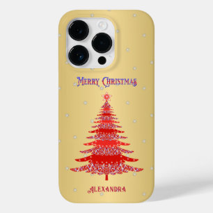 Coque Pour iPhone 14 Pro Arbre de Noël élégant Nom rouge Snowflakes Or