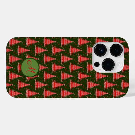 Coques Case-Mate iPhone Arbre de Noël Motif vert rouge avec Monogramme (Verso (horizontal))