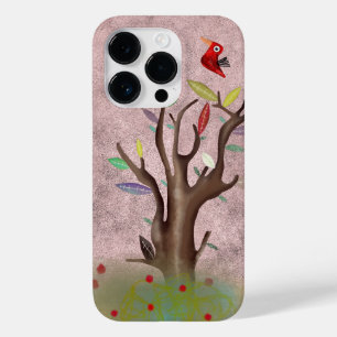 Coque Pour iPhone 14 Pro Arbre oiseau rouge peinture art rose pâle