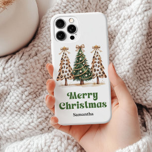 Coque iPhone 15 Mini Arbres de Noël à impression léopard unique nom per