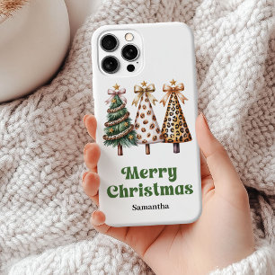 Coque iPhone 15 Mini Arbres de Noël à motif léopard chic avec nom perso