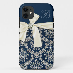 Coque iPhone 11 Arc argenté bleu élégant de diamant de damassé