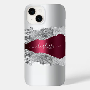 Coque Pour iPhone 14 Argent burgundy agate nom de marbre