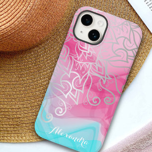 Coque Pour iPhone 14 Argent Filigree Henné Ornements Sur Rose Turquoise
