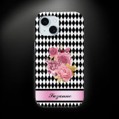 Coques Case-Mate iPhone Arlequin noir blanc avec fleur rose et nom