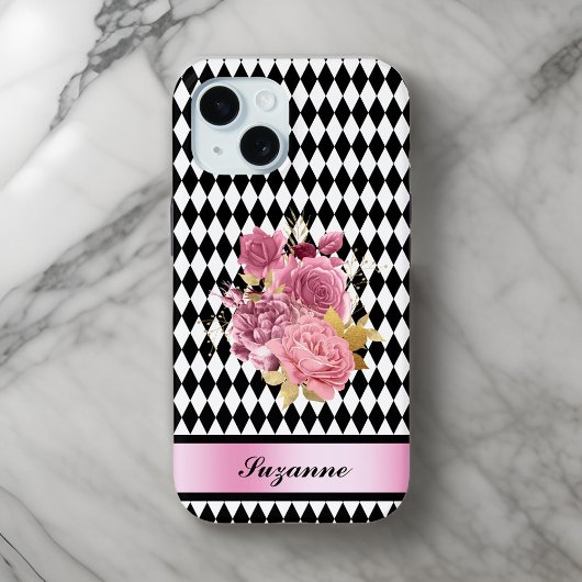 Coques Case-Mate iPhone Arlequin noir blanc avec fleur rose et nom