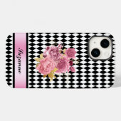 Coques Case-Mate iPhone Arlequin noir blanc avec fleur rose et nom (Verso (horizontal))