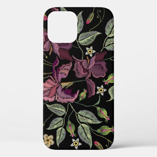 Coques Case-Mate iPhone Arrière - plan noir Irises pourpres brodé. (Verso)