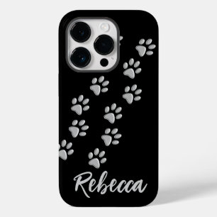 Coque Pour iPhone 14 Pro Arrière - plan noir Silver Dog Paws Motif d'impres