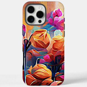 Coques iPhone 16 Pro Max Art Abstrait Floral Fleurs Orange Rouge Bleu