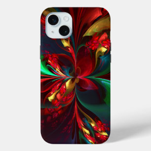 Coque iPhone 15 Mini Art abstrait floral moderne motif rouge et vert #1