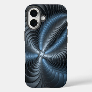 Coques iPhone 16 Art abstrait moderne 3D fractal bleu gris plastiqu