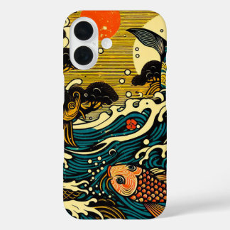 Coques iPhone 16 Art de bloc de bois japonais Carpe doré Pivoine Va