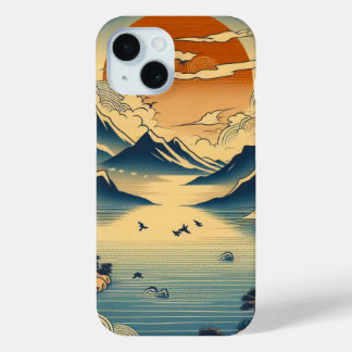 Coque Pour iPhone 15 Art de bloc de bois japonais de montagne de couche