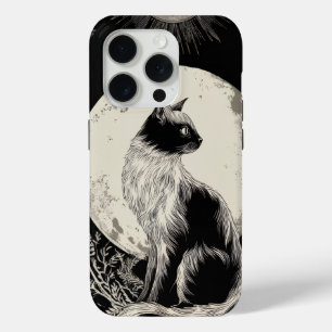 Coque iPhone 15 Pro Art de chat mystique – Veilleur au clair de lune