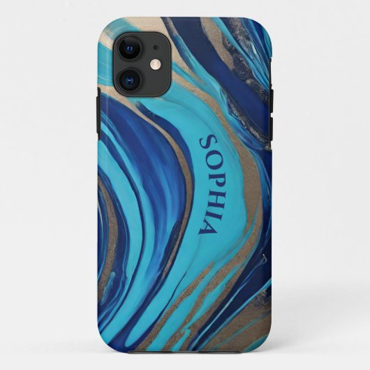 Coques Case-Mate iPhone Art de flux abstrait moderne - Bleu et Or - (Dos)