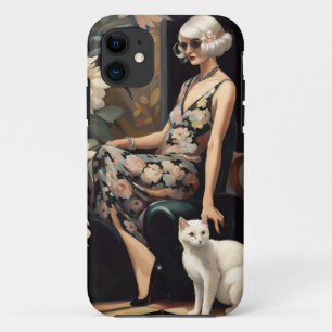 Case-Mate iPhone Case Art Déco, Dame avec robe et chat Floral, Gatsby