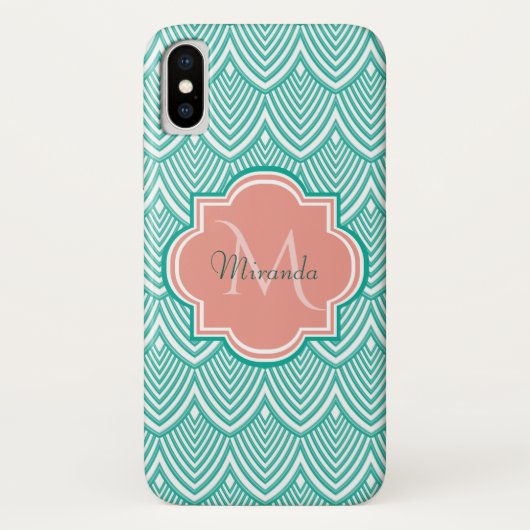 Coques Case-Mate iPhone Art Déco Écailles de Poisson Vert Turquoise Monogr (Dos)