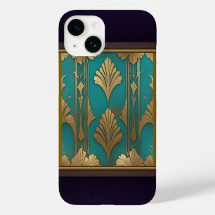 Coque Pour iPhone 14 Art Déco En Bleu Et Or
