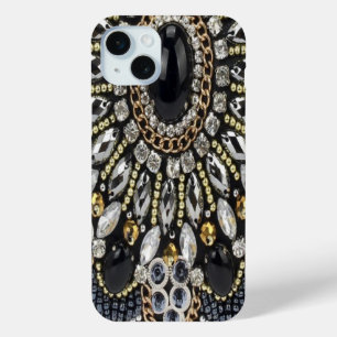 Coque iPhone 15 Mini art déco noir et or motif bohème