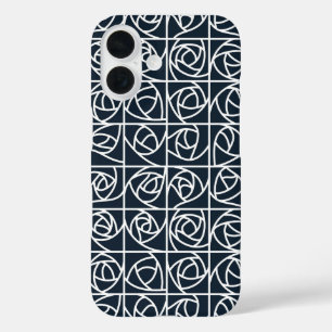 Coques iPhone 16 Art Déco Rose Carrés Stylisé Floral bleu marine