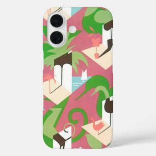 Coques iPhone 16 Art Déco vintage Jazz Pochoir Palmiers et Oiseaux
