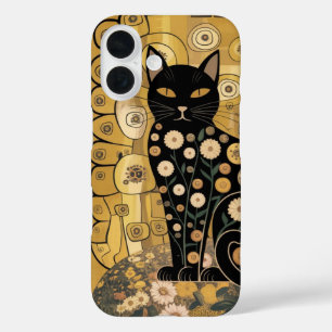 Coques iPhone 16 Art décoratif doré de chat noir dans le style Gust