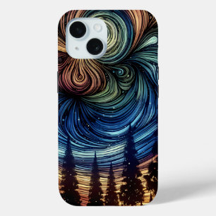 Coque Pour iPhone 15 Art Ethétique mystique avec arbres et ciel nocturn
